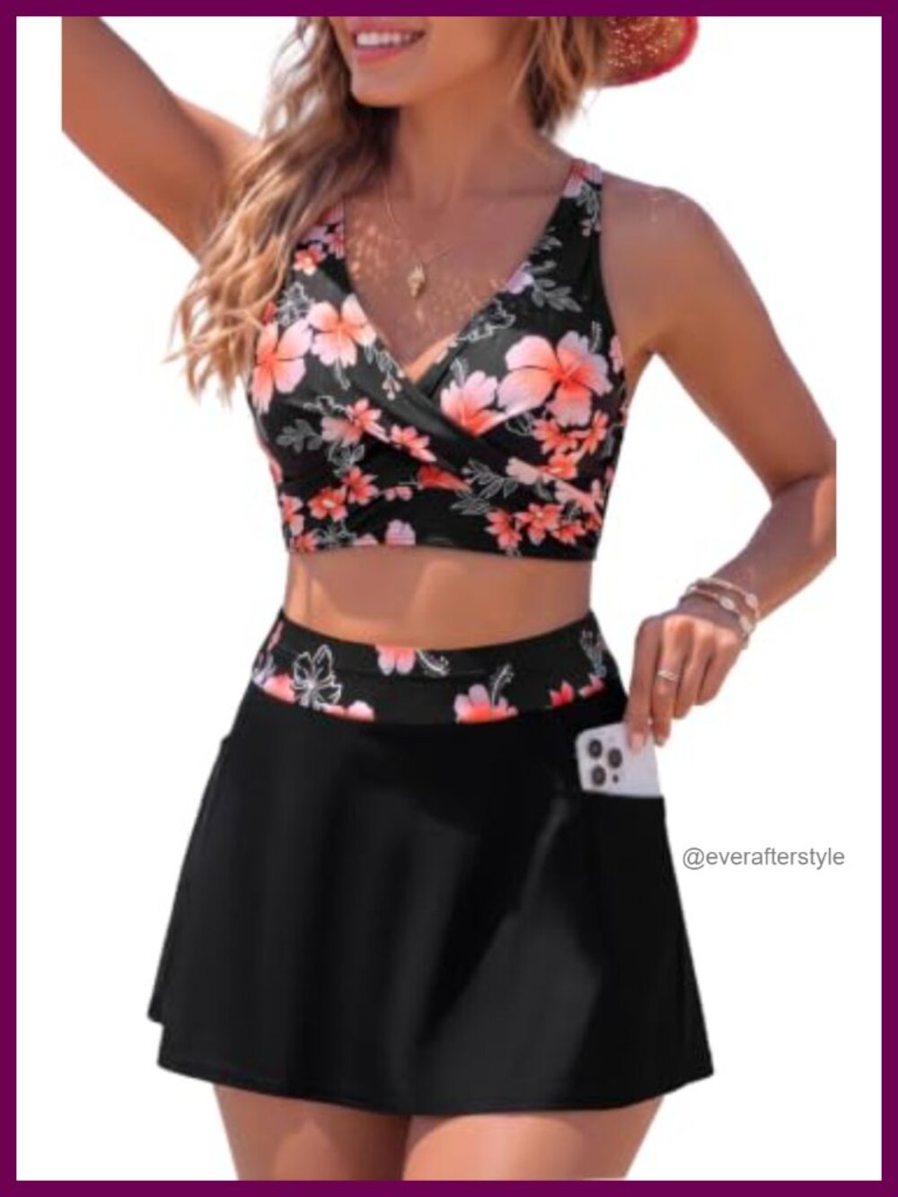 Aqua Eve High Waisted Two Piece Bikini Skirt Swimsuit with Pockets